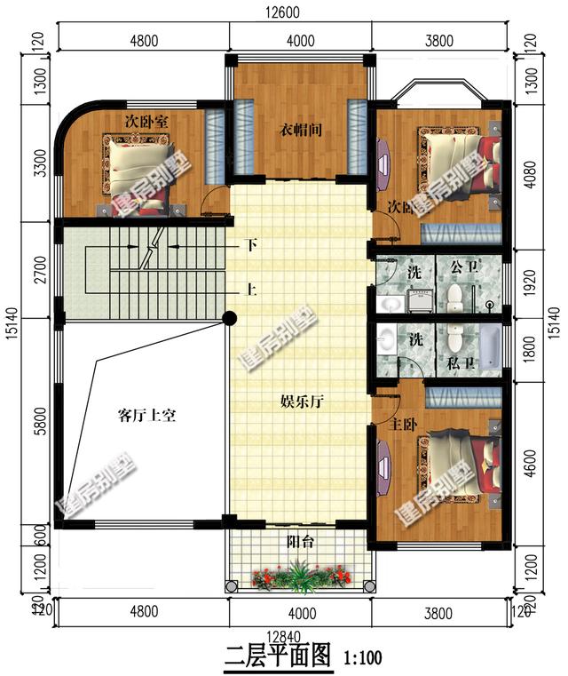 三層別墅設計圖，12.8x15.1帶架空層，室外樓梯全村第一家！