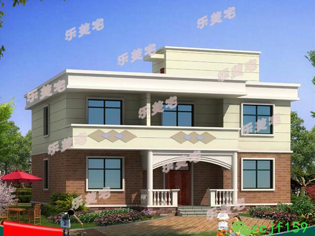 簡(jiǎn)單實(shí)用農(nóng)村二層自建房住宅設(shè)計(jì)效果圖，平屋頂設(shè)計(jì)，符合農(nóng)村生活習(xí)慣