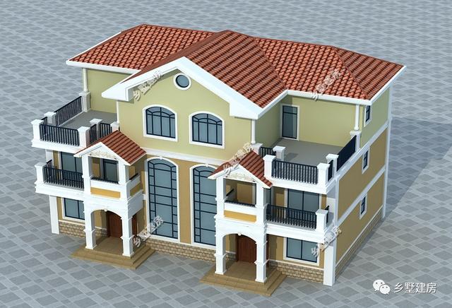 簡歐風農(nóng)村雙拼自建房設計圖，客廳挑空，時尚又大氣