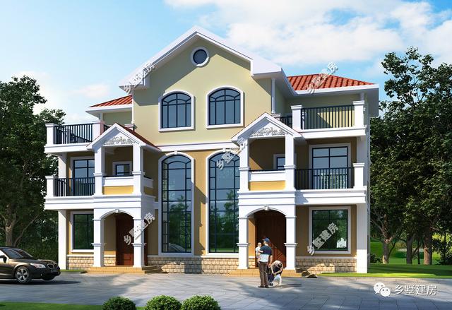 簡歐風農(nóng)村雙拼自建房設計圖，客廳挑空，時尚又大氣