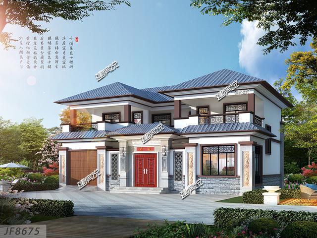 豪華二層新中式別墅設(shè)計圖，外觀極其漂亮，配色新穎