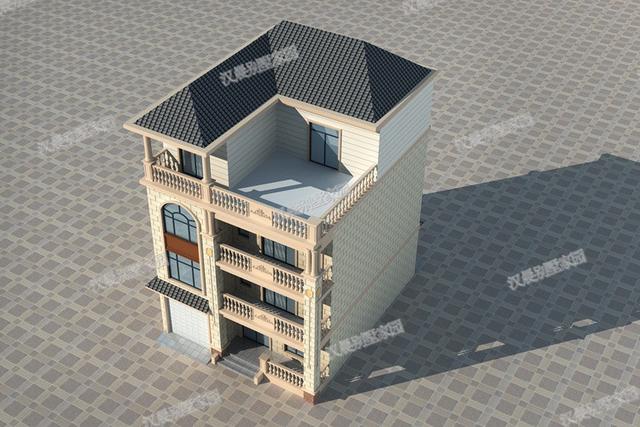 一側(cè)無(wú)窗的農(nóng)村四層別墅設(shè)計(jì)圖，帶車(chē)庫(kù)和大露臺(tái)，漂亮極了。