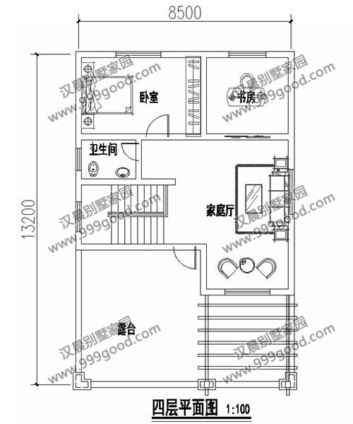 一側(cè)無(wú)窗的農(nóng)村四層別墅設(shè)計(jì)圖，帶車(chē)庫(kù)和大露臺(tái)，漂亮極了。