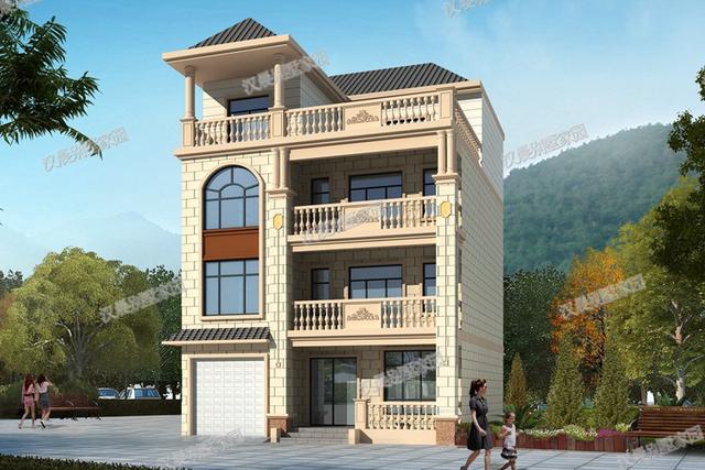 一側(cè)無(wú)窗的農(nóng)村四層別墅設(shè)計(jì)圖，帶車(chē)庫(kù)和大露臺(tái)，漂亮極了。