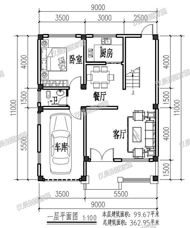 一側(cè)無(wú)窗的農(nóng)村四層別墅設(shè)計(jì)圖，帶車(chē)庫(kù)和大露臺(tái)，漂亮極了。