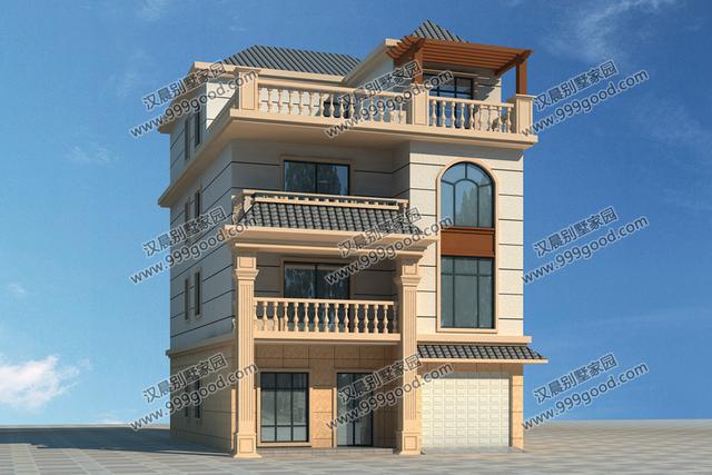 一側(cè)無(wú)窗的農(nóng)村四層別墅設(shè)計(jì)圖，帶車(chē)庫(kù)和大露臺(tái)，漂亮極了。