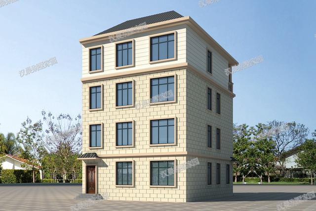 一側(cè)無(wú)窗的農(nóng)村四層別墅設(shè)計(jì)圖，帶車(chē)庫(kù)和大露臺(tái)，漂亮極了。