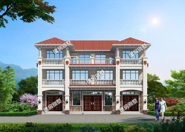 占地230平三層雙拼別墅設計圖，共用超大空間堂屋，單戶8間臥室。