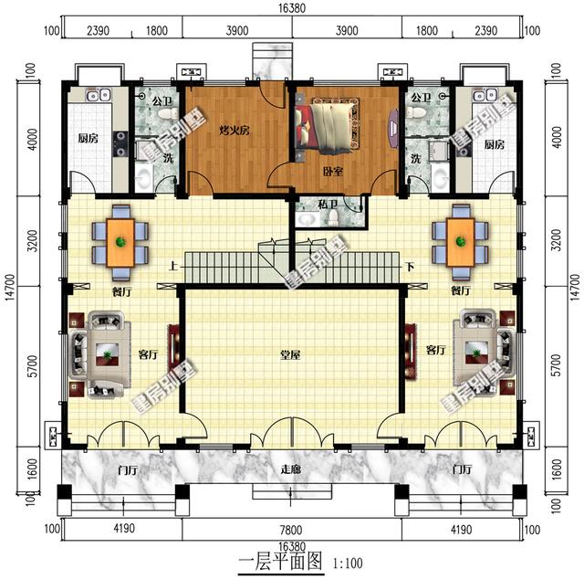 占地230平三層雙拼別墅設計圖，共用超大空間堂屋，單戶8間臥室。