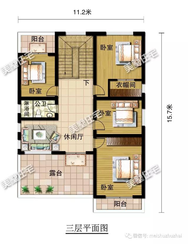 開間11米的三層別墅設(shè)計圖，帶有8間臥室和棋牌室，適合你嗎？