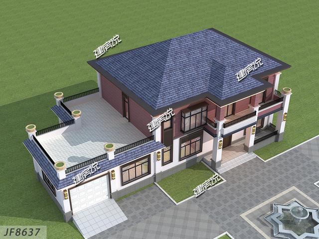 二層新中式別墅設(shè)計圖，帶車庫和挑空客廳，漂亮極了！