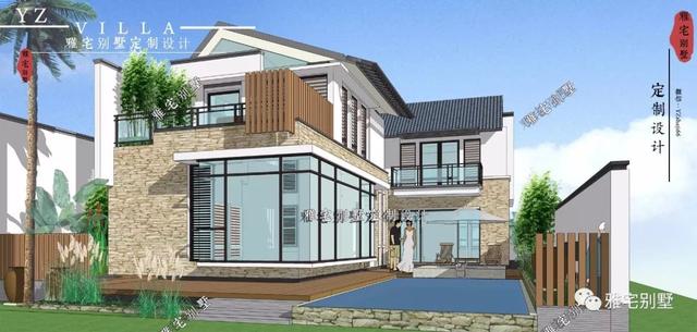 130平兩層新中式度假別墅設(shè)計圖，帶庭院泳池露臺。