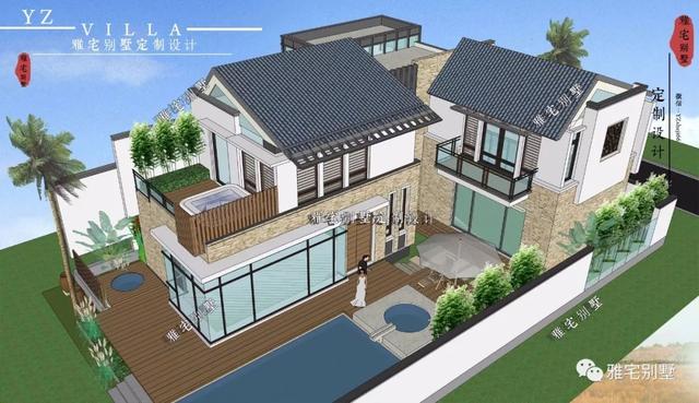 130平兩層新中式度假別墅設(shè)計圖，帶庭院泳池露臺。