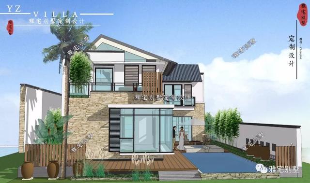 130平兩層新中式度假別墅設(shè)計圖，帶庭院泳池露臺。