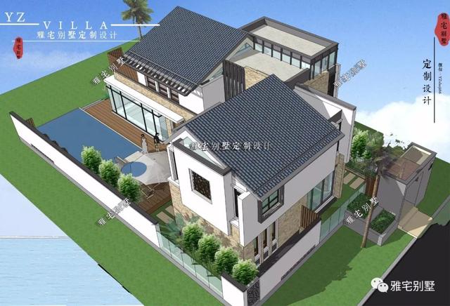 130平兩層新中式度假別墅設(shè)計圖，帶庭院泳池露臺。