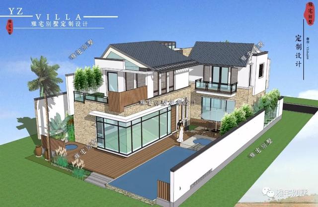 130平兩層新中式度假別墅設(shè)計圖，帶庭院泳池露臺。