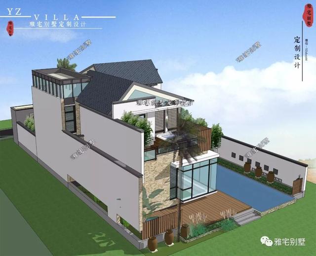 130平兩層新中式度假別墅設(shè)計圖，帶庭院泳池露臺。