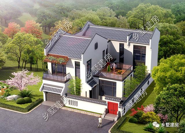 新中式二層小樓設(shè)計(jì)圖，帶車庫，設(shè)計(jì)新穎，經(jīng)濟(jì)實(shí)用，看完，你就信服了！