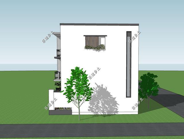 占地72平的三層純白現(xiàn)代別墅圖，外觀錯(cuò)落有致，簡(jiǎn)潔大方，現(xiàn)代感十足。