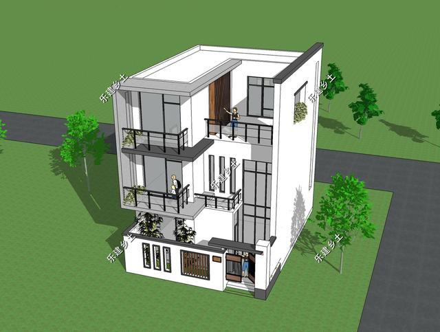 占地72平的三層純白現(xiàn)代別墅圖，外觀錯(cuò)落有致，簡(jiǎn)潔大方，現(xiàn)代感十足。