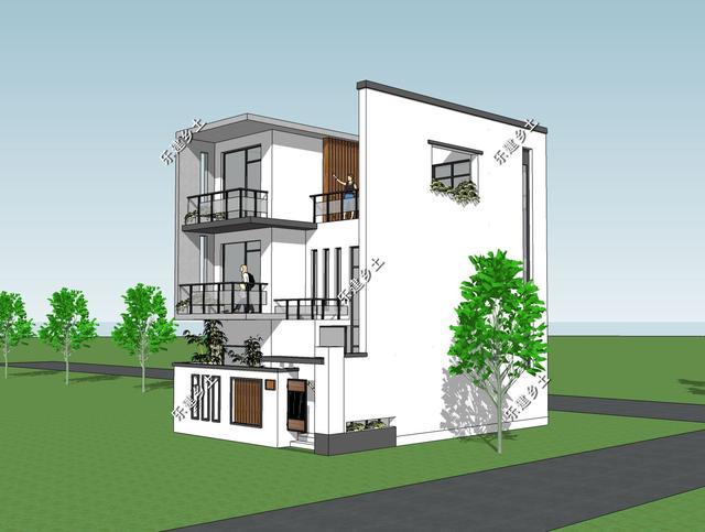 占地72平的三層純白現(xiàn)代別墅圖，外觀錯(cuò)落有致，簡(jiǎn)潔大方，現(xiàn)代感十足。