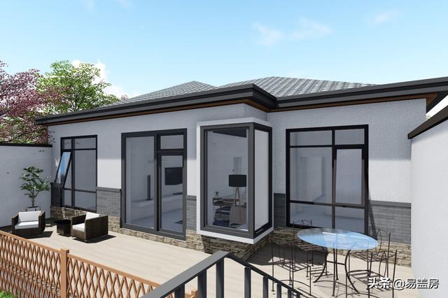 11.2m×12.5m北京一層現(xiàn)代別墅設(shè)計(jì)圖，造價(jià)21萬，落地窗大平臺(tái)真舒服