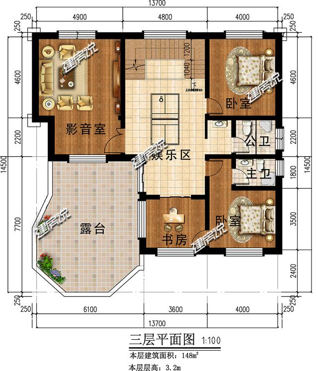 三層新型別墅，帶有挑空客廳和旋轉(zhuǎn)樓梯，時尚大氣。