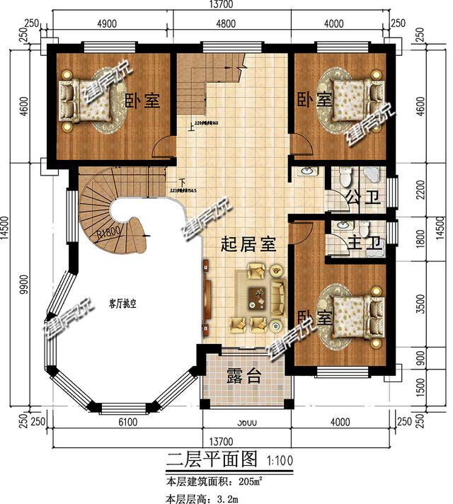 三層新型別墅，帶有挑空客廳和旋轉(zhuǎn)樓梯，時尚大氣。