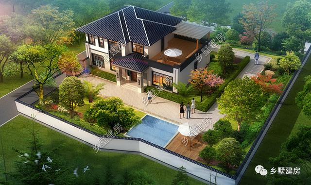 17.74X11.54米新中式二層別墅設計圖，帶泳池+庭院+露臺。