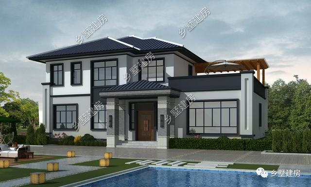 17.74X11.54米新中式二層別墅設計圖，帶泳池+庭院+露臺。