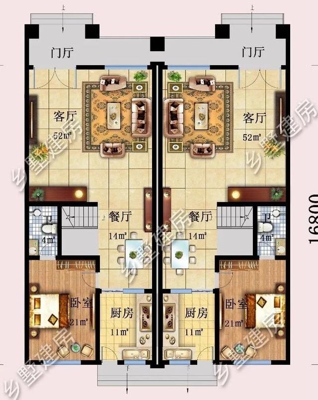 14.9X16.8米雙拼三層別墅設(shè)計(jì)圖，兄弟姐妹住在一起其樂(lè)融融。