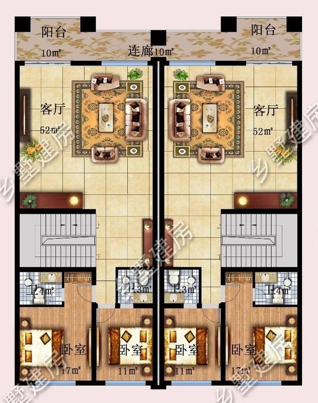 14.9X16.8米雙拼三層別墅設(shè)計(jì)圖，兄弟姐妹住在一起其樂(lè)融融。