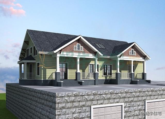 帶閣樓的一層半雙拼別墅設(shè)計圖，美式風(fēng)格，簡單大氣。