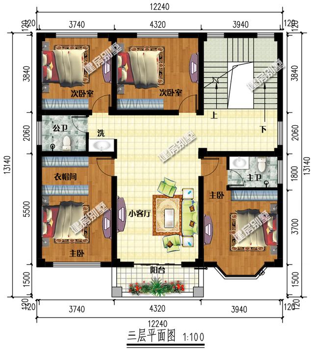 帶涼亭的四層農村別墅設計圖，在大露臺，內配11間臥室，業(yè)主嫌太少了。