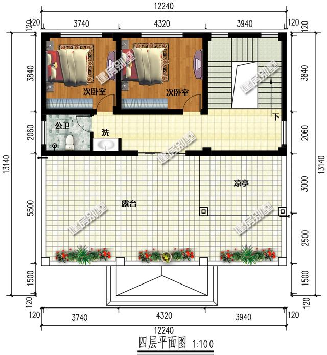 帶涼亭的四層農村別墅設計圖，在大露臺，內配11間臥室，業(yè)主嫌太少了。