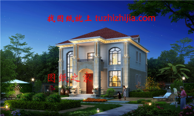 歐式獨(dú)棟二層小別墅設(shè)計(jì)圖，客廳中空，占地126平米