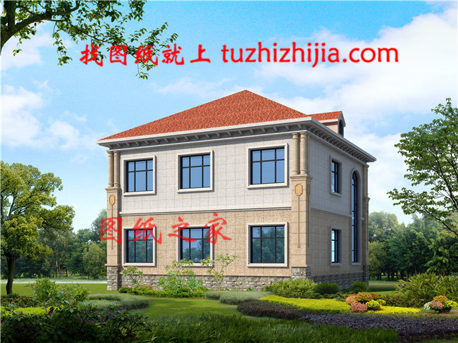 歐式獨(dú)棟二層小別墅設(shè)計(jì)圖，客廳中空，占地126平米