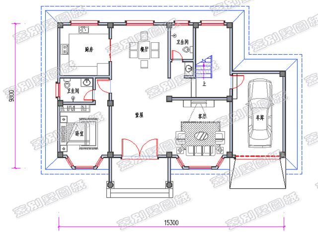 帶車庫的三層歐式別墅設(shè)計圖，大堂屋設(shè)計，功能性齊全。