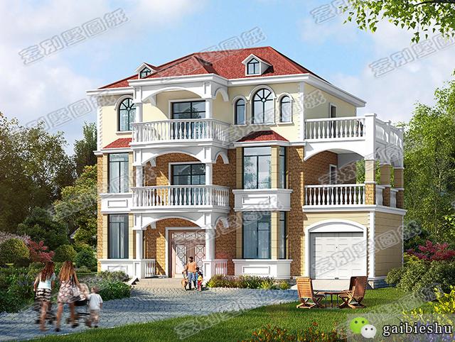 帶車庫的三層歐式別墅設(shè)計圖，大堂屋設(shè)計，功能性齊全。