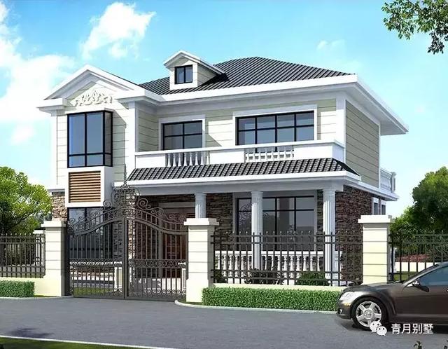 帶走廊飄窗長陽臺(tái)的二層鄉(xiāng)村別墅設(shè)計(jì)圖，外觀樸素自然，非常適合父母養(yǎng)老。