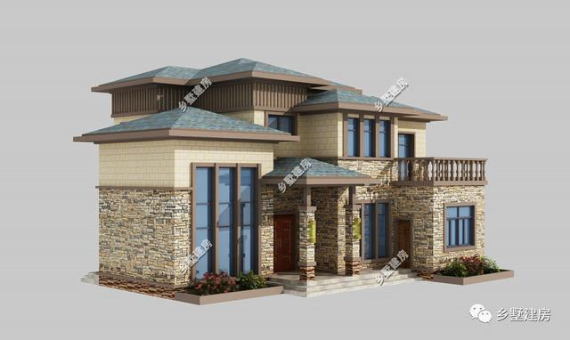 歐式現(xiàn)代二層小樓設(shè)計(jì)圖，主體使用石材，時(shí)尚大氣，錯(cuò)落有致，別有一番風(fēng)味。