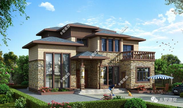 歐式現(xiàn)代二層小樓設(shè)計(jì)圖，主體使用石材，時(shí)尚大氣，錯(cuò)落有致，別有一番風(fēng)味。