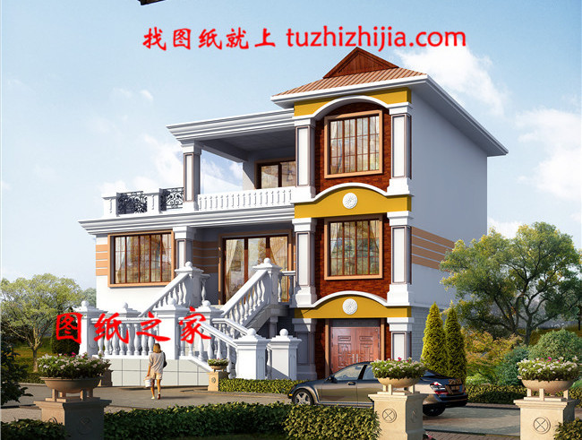 泰式風(fēng)格三層小別墅設(shè)計(jì)圖，帶車庫(kù)和大露臺(tái)