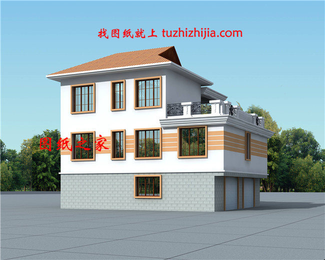 泰式風(fēng)格三層小別墅設(shè)計(jì)圖，帶車庫(kù)和大露臺(tái)