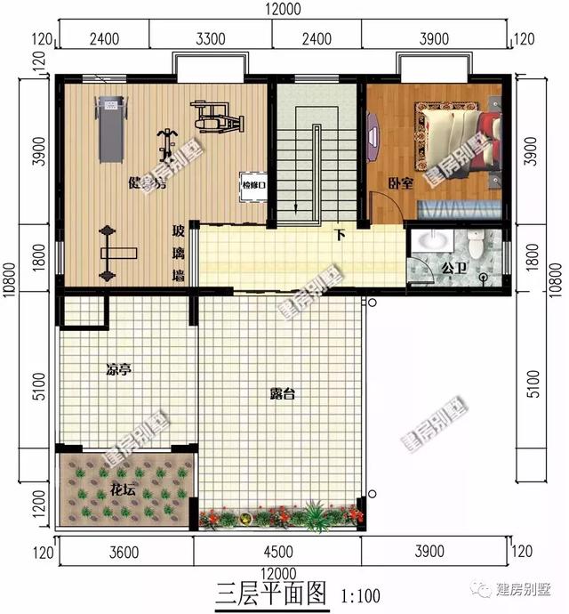 新中式風(fēng)格農(nóng)村別墅設(shè)計(jì)圖，12×10.8米配健身房和車庫