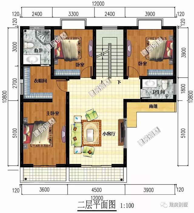 新中式風(fēng)格農(nóng)村別墅設(shè)計(jì)圖，12×10.8米配健身房和車庫
