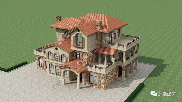 造型別致，立面豐富的三層坡屋頂自建別墅設計圖，超適合農(nóng)村生活