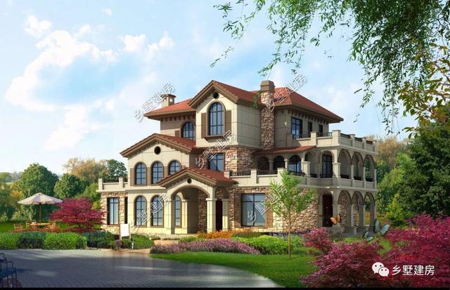 造型別致，立面豐富的三層坡屋頂自建別墅設計圖，超適合農(nóng)村生活