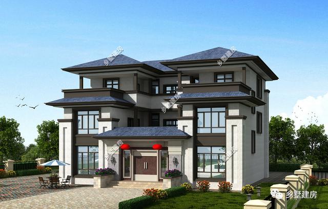 造型別致，立面豐富的三層坡屋頂自建別墅設計圖，超適合農(nóng)村生活