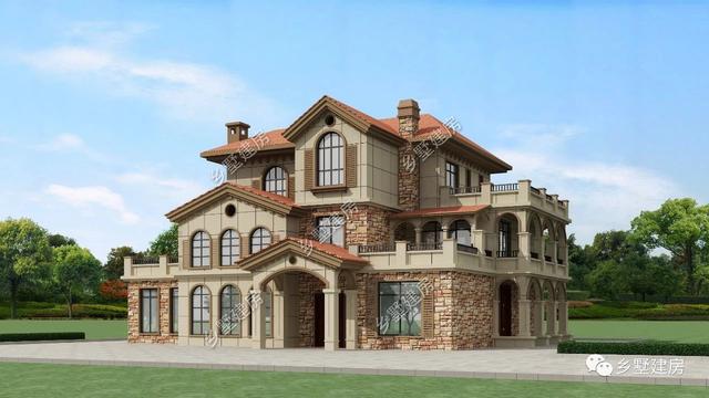 造型別致，立面豐富的三層坡屋頂自建別墅設計圖，超適合農(nóng)村生活